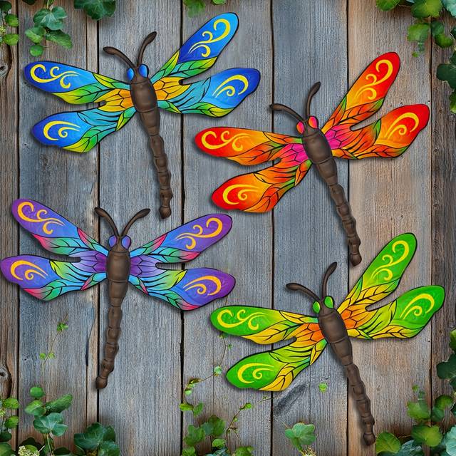 TEMU 4 Metal Dragonfly Wall Decorations, Fade Resistant Metal Dragonfly Hanging Figurines For Garden Fence Wall Yard Exterior Decoration, Day Gift Housewarming Gift