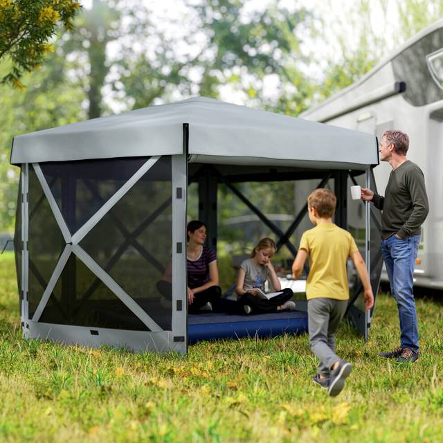 Outsunny 3 x 3(m) Hexagon Pop Up Gazebo with 5 Sides, Netting, Light Grey, Grey