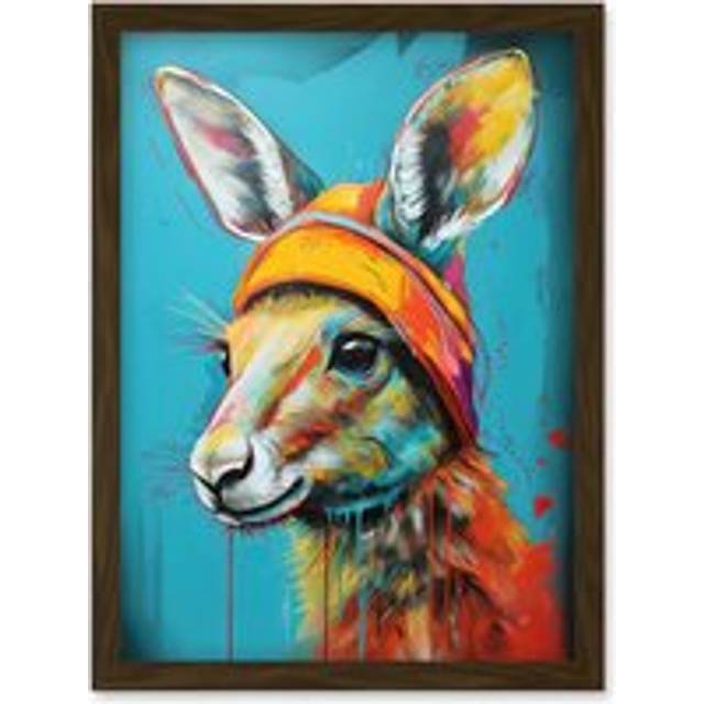 Baby Kangaroo Joey Wearing Hat Teal and Orange Artwork Framed Wall Art Print A4 - Brown - One Size