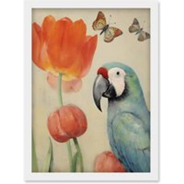 Wall Art Print Parrot and Tulips Flowers Butterflies Pastel Colour Artwork Floral Spring Oil Painting Artwork Framed A4 - White