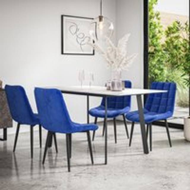 (Blue) Haydon Extending Marble Effect Dining Table Set w 4-6 Nova Velvet Chairs