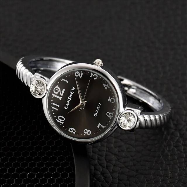 (Silver Black) Luxury Silver Gold Watch Women Dress Watch Rhinestone Quartz Bangle Watch