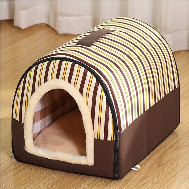 (Coffee stripes, M) Pet Cat Dog Warm House Cave Beds for Indoor Cats Cozy Wool Igloo Nest Kennel