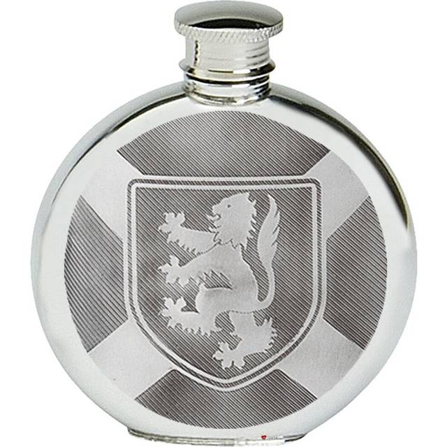 Pewter Hip Flask Round Lion Rampant Shield over Scottish Saltire Flag