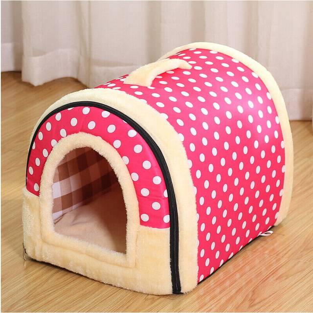 (Pink dots, L) Pet Cat Dog Warm House Cave Beds for Indoor Cats Cozy Wool Igloo Nest Kennel