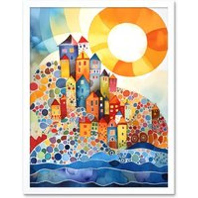 Wall Art Print Abstract Seascape Sunrise Village Folk Art Framed - White - W12 inch x H16 inch