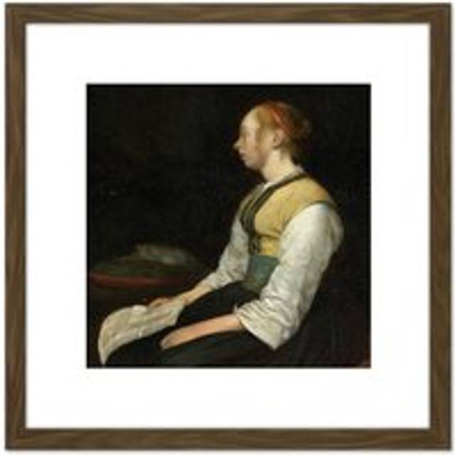 Ter Borch Seated Girl In Peasant Costume Painting 8X8 Inch Square Wooden Framed Wall Art Print Picture with Mount - Brown - One Size
