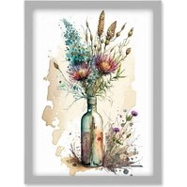 Spring Flower Bouquet In Glass Wine Bottle Vase Artwork Framed Wall Art Print A4 - Grey - One Size