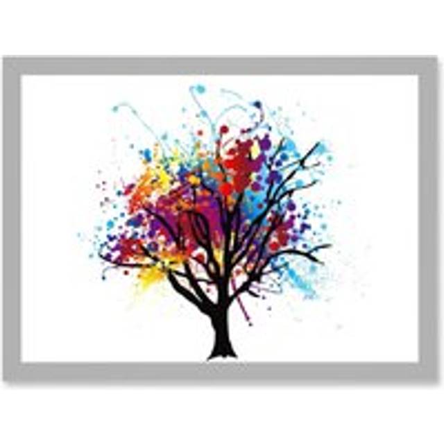 Abstract Colourful Tree Splash Painting Illustration A4 Artwork Framed Wall Art Print - Grey - One Size