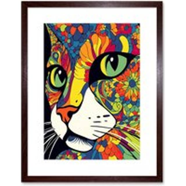 Wall Art Print Psychedelic Portrait Cat Acrylic Painting Close Up Vivid Mandala Patterns Artwork Framed 9X7 Inch - Brown - W7 inch x H9 inch