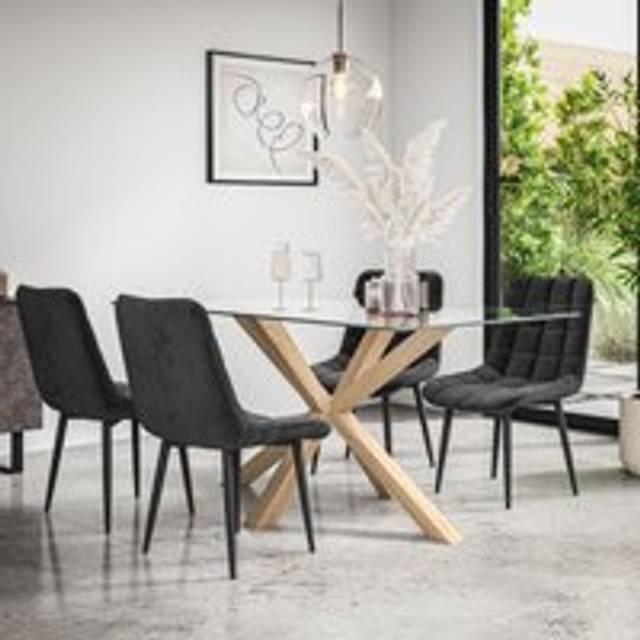 (Black) Etta Glass Dining Table Set w Solid Oak Legs w 4-6 Nova Velvet Chair