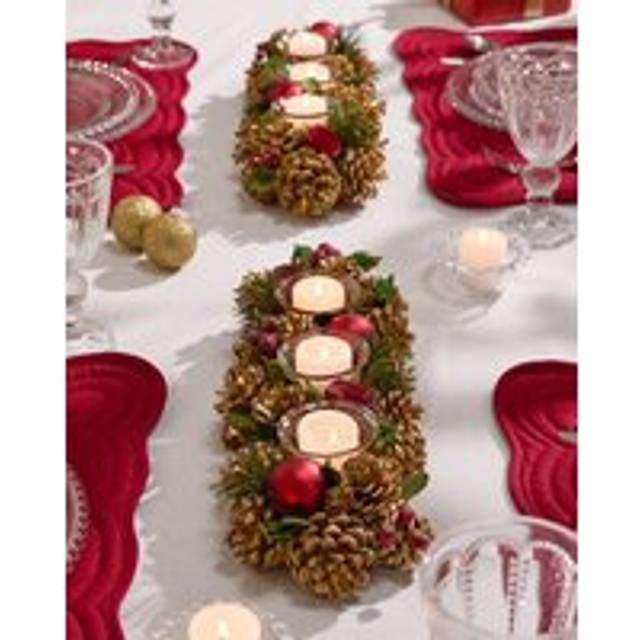 Set of 2 Berries and Baubles Red Triple Table Centrepiece Christmas Decoration Candle Holders Tealight Holder 39cm - Gold - 2 Pack