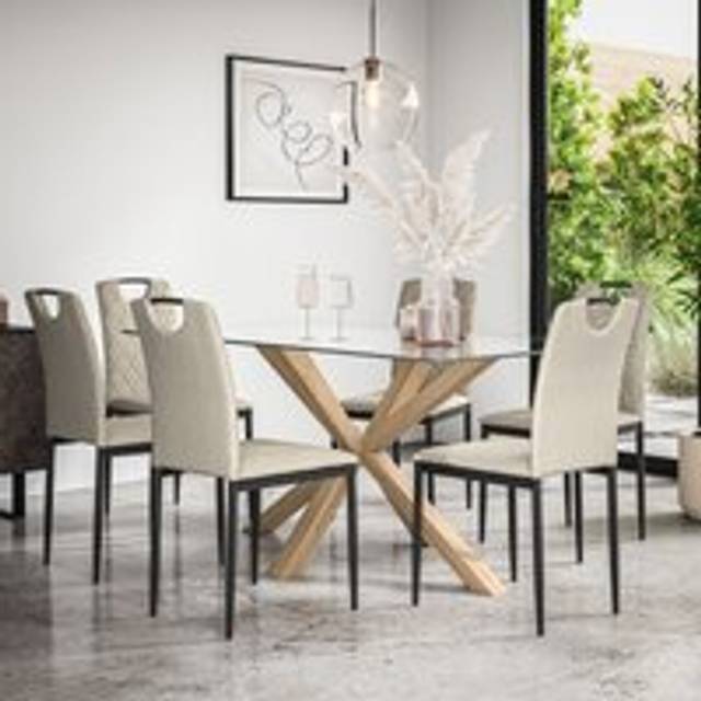 (Beige) Etta Glass Dining Table Set w Solid Oak Legs w 4-6 Monza Fabric Chair