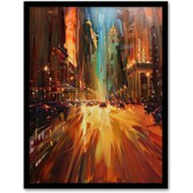 New York City Night Cityscape Abstract Painting Framed Art Print - Brown - W12 inch x H16 inch