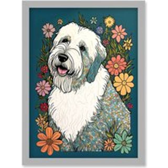 English Sheepdog with Multicolour Daisies Bright Flowers Modern Illustration Artwork Framed Wall Art Print A4 - Grey - One Size