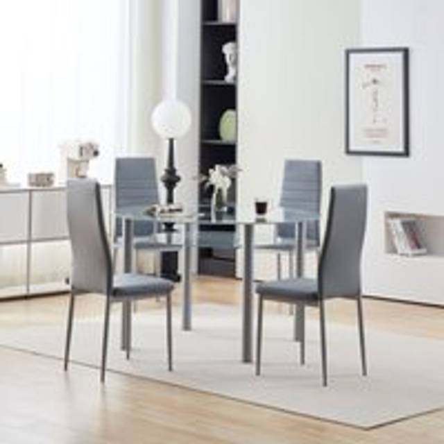 5 Piece Modern Glass Round Dining Set With Faux Leather Chairs With 120cm Table - Grey - 5 Pack