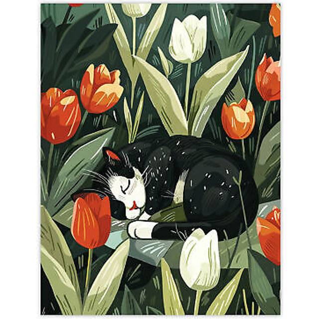 Wall Art Print Cat Lover Cute Pet Sleeping in Tulip Flower Field Poster - Green - W12 inch x H16 inch