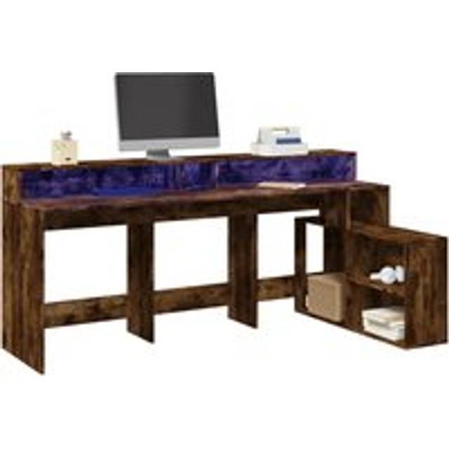Desk with LED Lights Smoked Oak 200x104x91 cm Engineered Wood - Brown - One Size