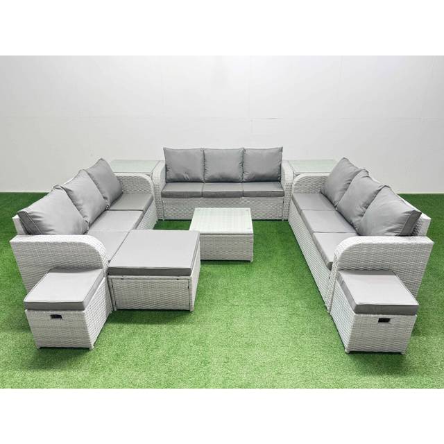 Fimous PE Rattan Lounge Sofa Set 12 Seater Outdoor Garden Furniture Set with Square Coffee Table 3 Seater Sofa 3 Stools 2 Side Table Light Grey