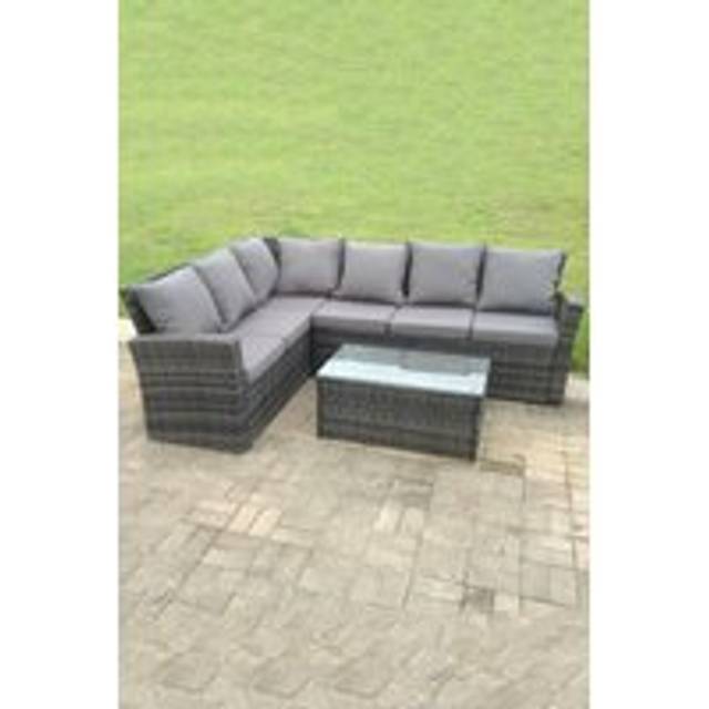 High Back Rattan Corner Sofa Set Oblong Coffee Table Outdoor Furniture dark Grey Left Option - Fimous