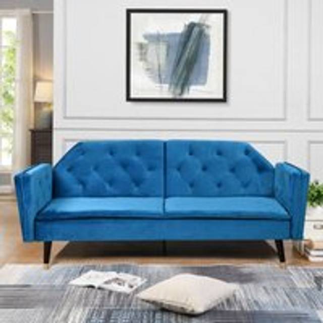 Plush Velvet Tufted Sofa Bed In Various Colours With Black And Gold Legs - Blue - One Size