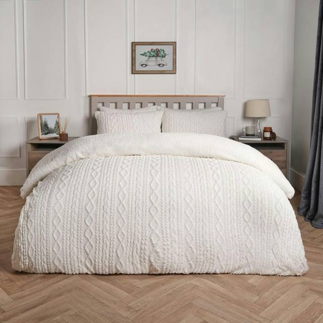Fleece Duvet Cover Set Cable Knit Warm Reversible Quilt Supersoft Warm Bedding - Cream - Single