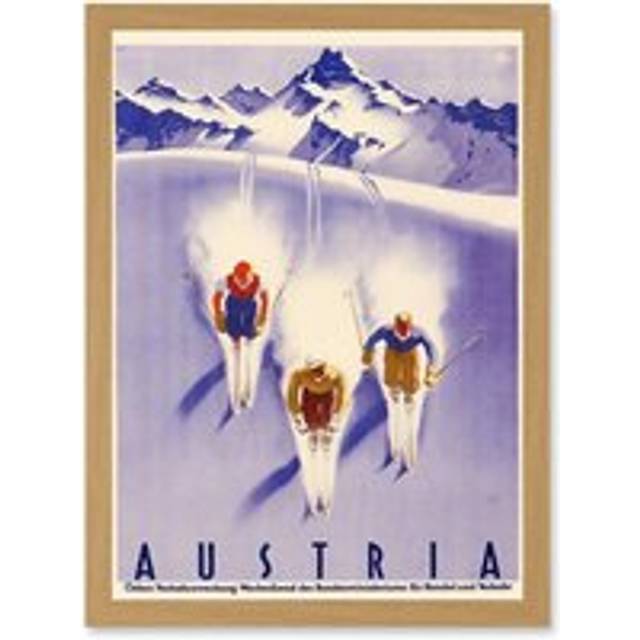 Winter Sport Austria Ski Snow Alps Blue Cross Country A4 Artwork Framed Wall Art Print - Tan - One Size