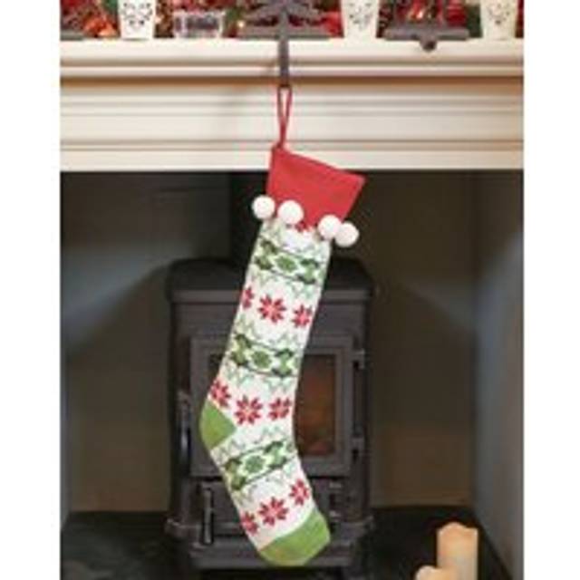 Set of 4 Knitted White Fair Isle Pompom Xmas Gift Decoration Christmas Stocking - 4 Pack