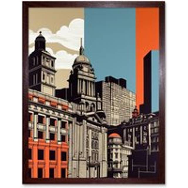 Wall Art Print Leeds Modern Colour Block Cityscape Art Framed - Brown - W12 inch x H16 inch