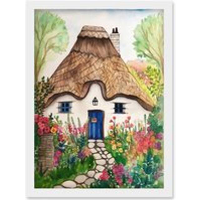 The Cottage In The Forrest Flowers Folk Art Artwork Framed Wall Art Print A4 - White - One Size