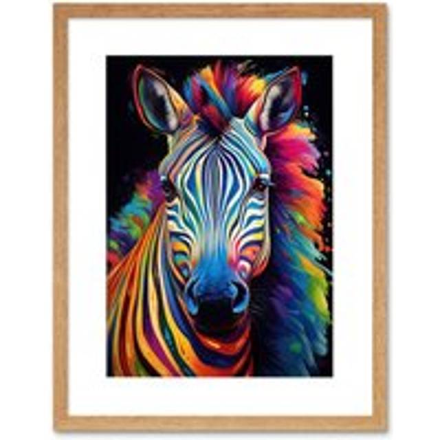 Wall Art Print Rainbow Striped Zebra Colourful Vibrant Bold Psychedelic Neon Impact Artwork Framed 9X7 Inch - Beige - W7 inch x H9 inch