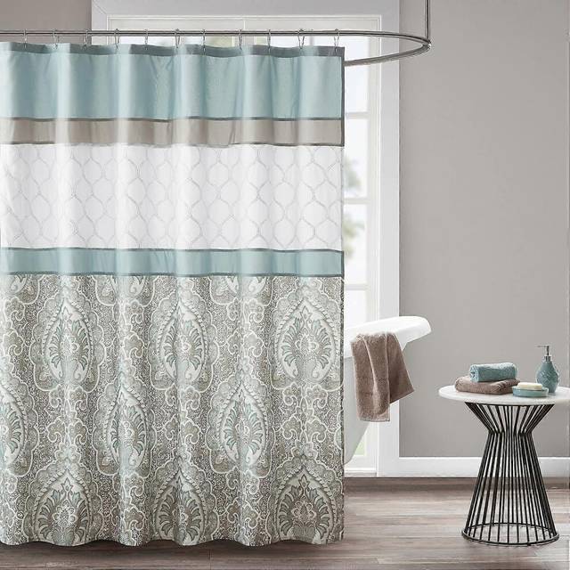 (As show, One size) Shower Curtain, Geometric Textured Embroidery Design with Built-in Liner, Modern Mid-Century Bathroom Decor, Machine Washable, Fab