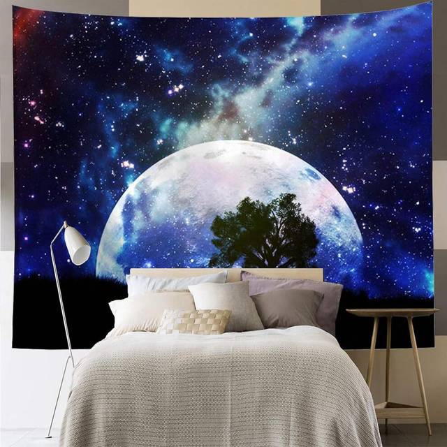 (As show, One size) Blue Moon Tapestry Galaxy Wall Tapestry Forest Tree Tapestry Mystic Space Tapestry Wall Hanging for Home Decor (51.2 59.1)