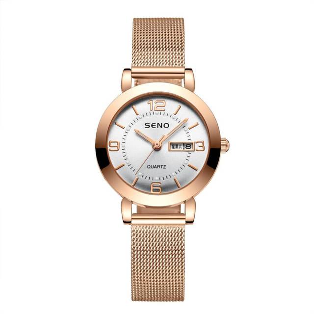 Women Fashion Mesh Belt Quartz Watch Ladies Watch Luminous Waterproof Dual Calendar Female Student Steel Belt Watch white