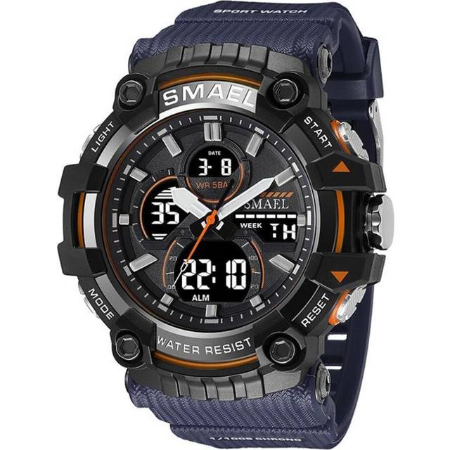 (silver,blue) Smael Brand Sport Watch Men Quartz Wristwatches Waterproof Dual Time Display Military Army Green Male Clock 8079 Mens Watches
