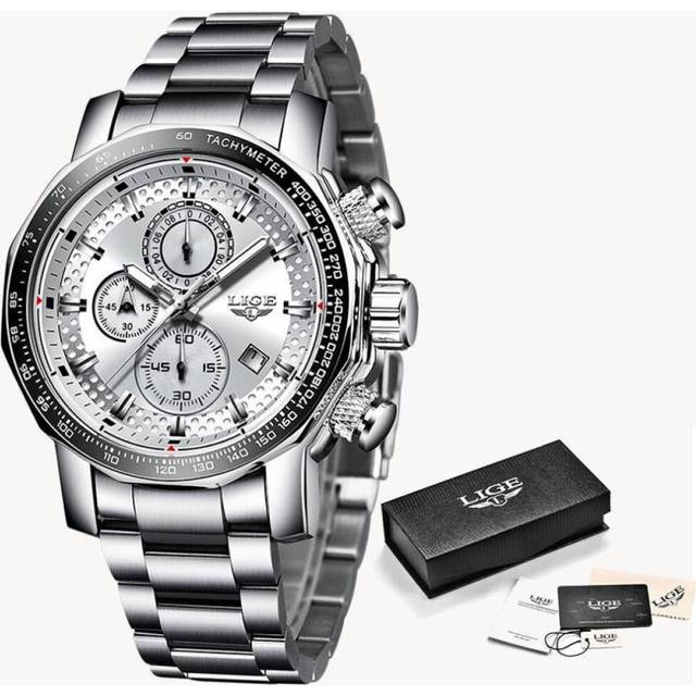 LIGE Watches Men Luxury Chronograph Stainless Steel Large Dial Quartz Men Watch Casual Sport  Watch white/silver