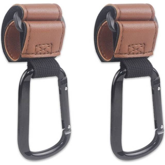 (2pcs light brown) Carabiner Stroller Hooks Pushchair Hook Mommy-Bag Hanging Hook Bike Accessory