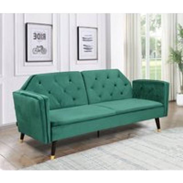 Plush Velvet Tufted Sofa Bed In Various Colours With Black And Gold Legs - Green - One Size