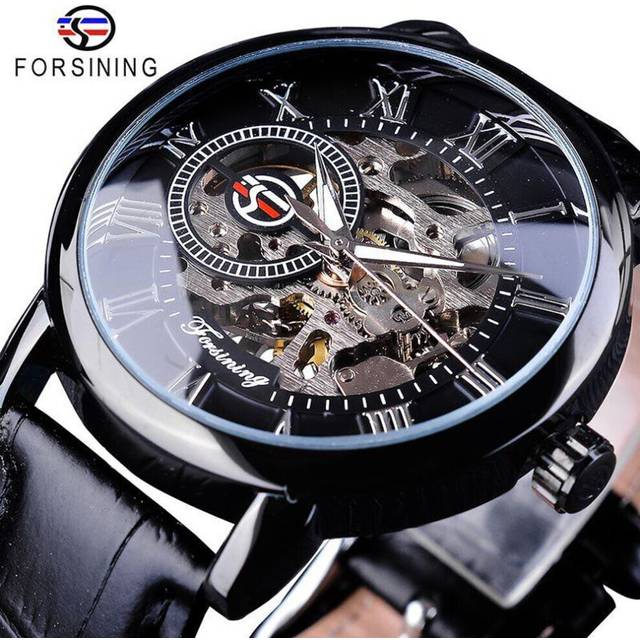 (silver,black) Forsining 3D Logo Design Hollow Engraving Black Gold Case Leather Skeleton Mechanical Watches Men Luxury Brand Heren Horloge