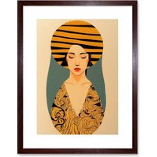 Wall Art Print Retro Woman Mid Century Bohemian Yellow Art Nouveau Artwork Framed 9X7 Inch - Brown - W7 inch x H9 inch