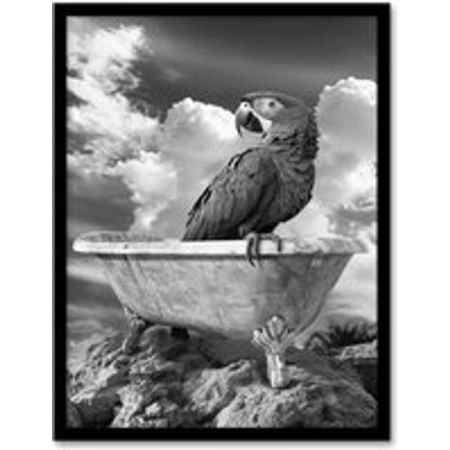 Macaw Parrot Bird on Bathtub Black White Surreal Framed Art Print - Grey - W12 inch x H16 inch