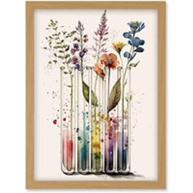 Wildflowers Rainbow Colour Water Glass Test Tubes Artwork Framed Wall Art Print A4 - Tan - One Size