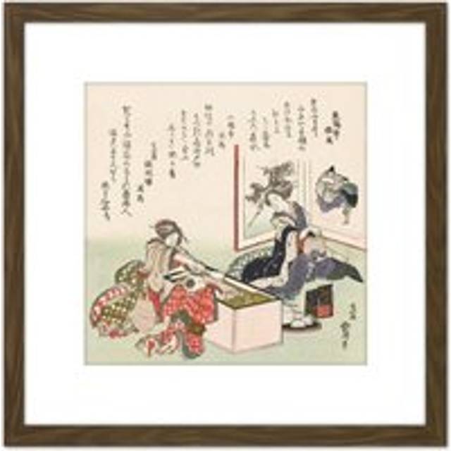 Hokusai Two Women And Boy At The Brazier Japan 8X8 Inch Square Wooden Framed Wall Art Print Picture with Mount - Brown - One Size