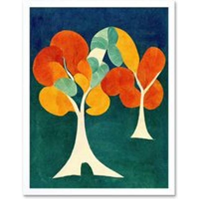 Wall Art Print Minimalistic Henri Matisse Style Autumn Fall Trees Abstract Art Framed - White - W12 inch x H16 inch