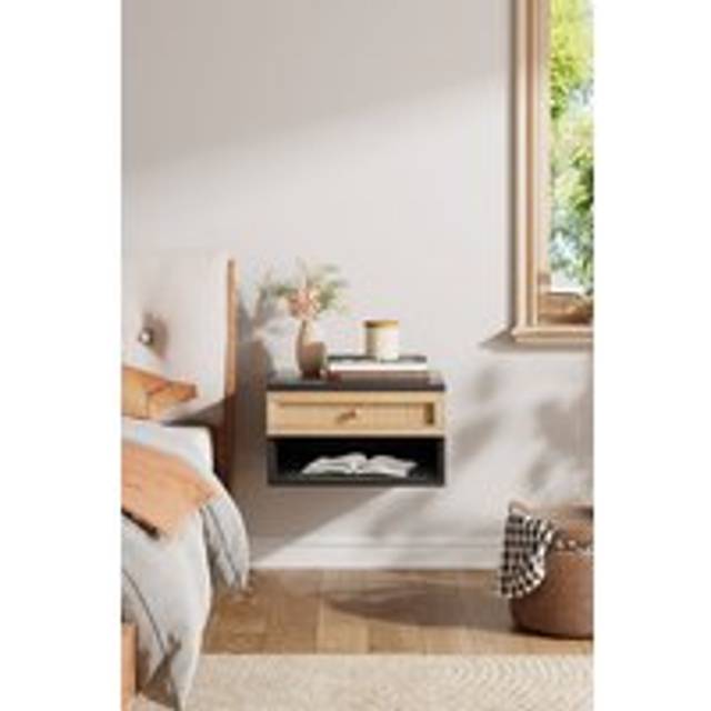 Floating Bedroom Nightstand with Pseudo-rattan Drawer - Black - One Size