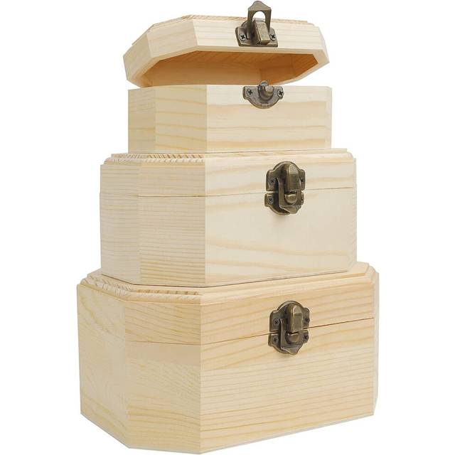 BELLE VOUS Wood Treasure Chest (3 Pack) - Small, Medium & Large - Plain Unfinished Wooden Storage Case with Clasp & Hinged Lid - Crafts, Art, Hobbies,