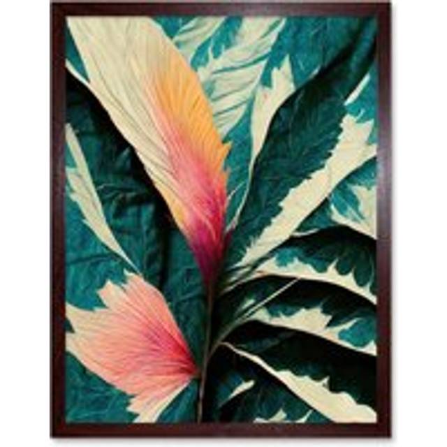 Wall Art Print Abstract Tropical Leaves With Pastel Feathers Textured Botanical Art Framed - Brown - W12 inch x H16 inch