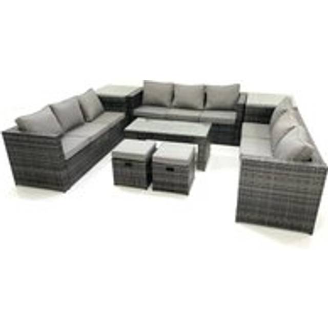 Fimous Outdoor Garden Furniture Set 11 Seater Rattan Sofa Set with Coffee Table 2 Small Footstools 2 Side Tables Dark Grey Mixed