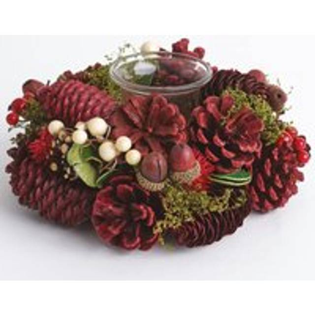 Victorian Dried Candleholder - Round Tealight Holder with Winter Berries, Pinecones, Moss & Acorns - Measures H8 x 18cm Diameter - Red - One Size