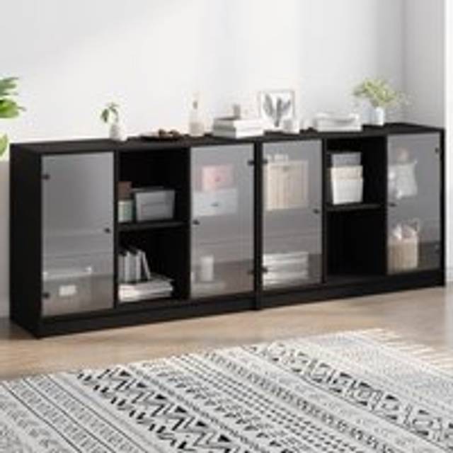 Bookcase with Doors Black 204x37x75 cm Engineered Wood - One Size